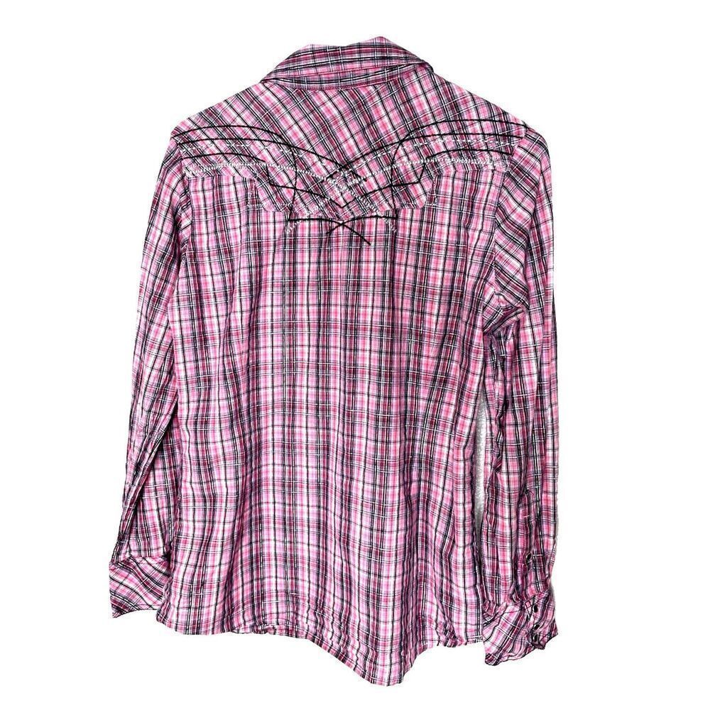 ARIAT Size M Pearl Snap Button Shirt Fitted Pink Plaid Embroidered Womens Silver - Picture 6 of 10
